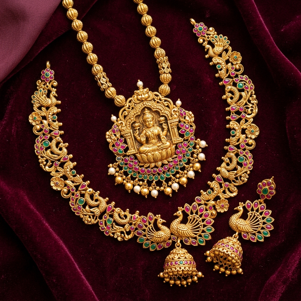 Exquisite South Indian temple gold jewellery flat lay with Lakshmi pendant
